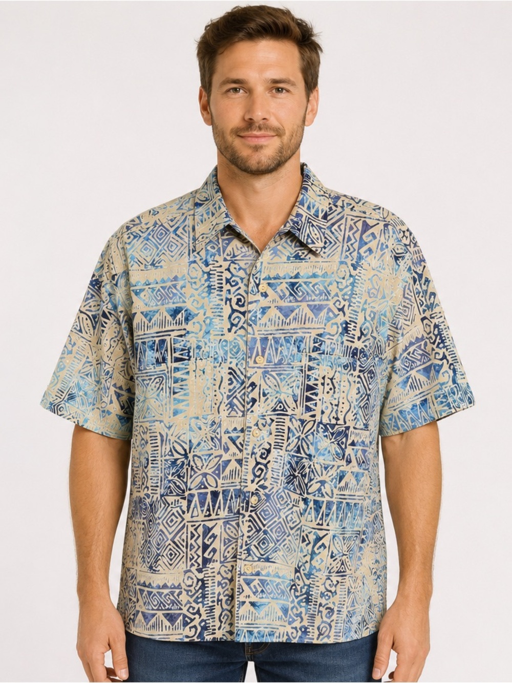 Rum Reggae Hawaiian Batik Shirt "Tapa Tapa" Steel/Bone Men's Size Large, NWT!